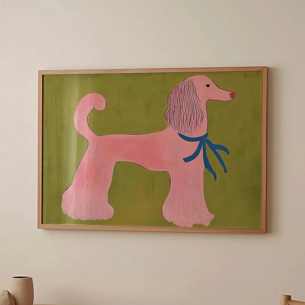 Pink Poodle Wall Art Print – Whimsical Animal Illustration, Playful Mid Century Modern Pet Decor