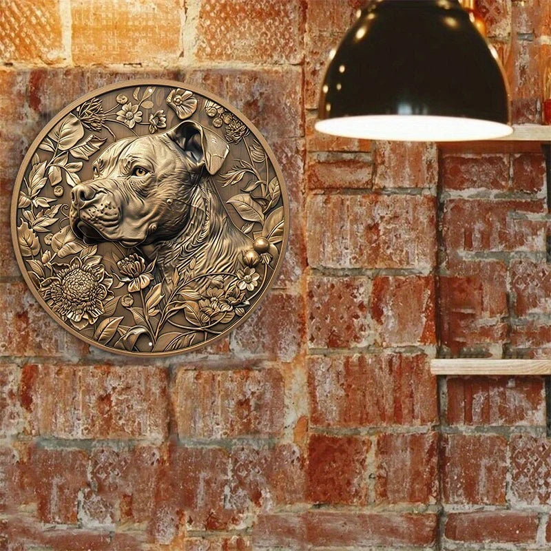 Pitbull Floral Bronze Wall Sign – Round Aluminum Dog Plaque