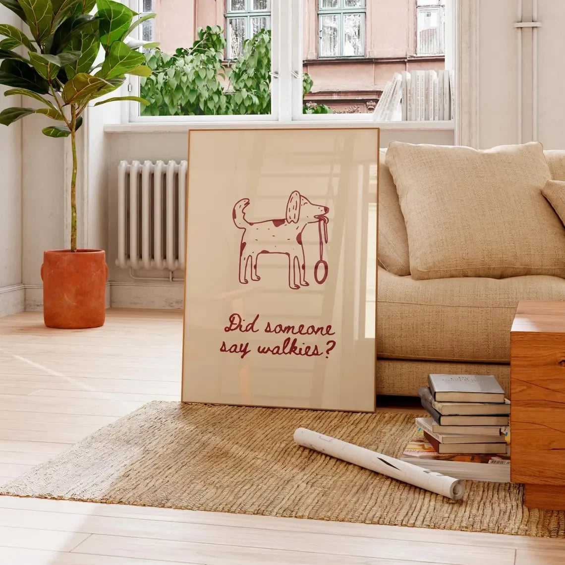 Walkies Funny Dog Wall Art Print – Hand Drawn Cute Doodle Poster, Minimalist Trendy Home Decor