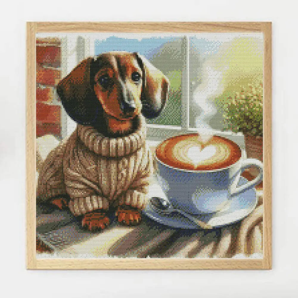 Dachshund & Latte Cross Stitch Kit – DIY Embroidery for Dog Lovers