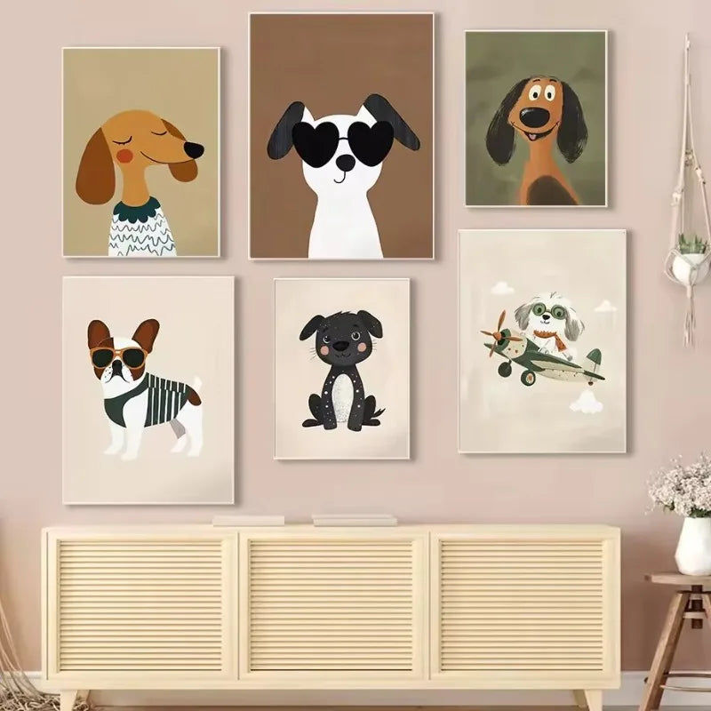 Cartoon Dog Illustrations Canvas Print – Cute Nordic Wall Art for Dog Lovers