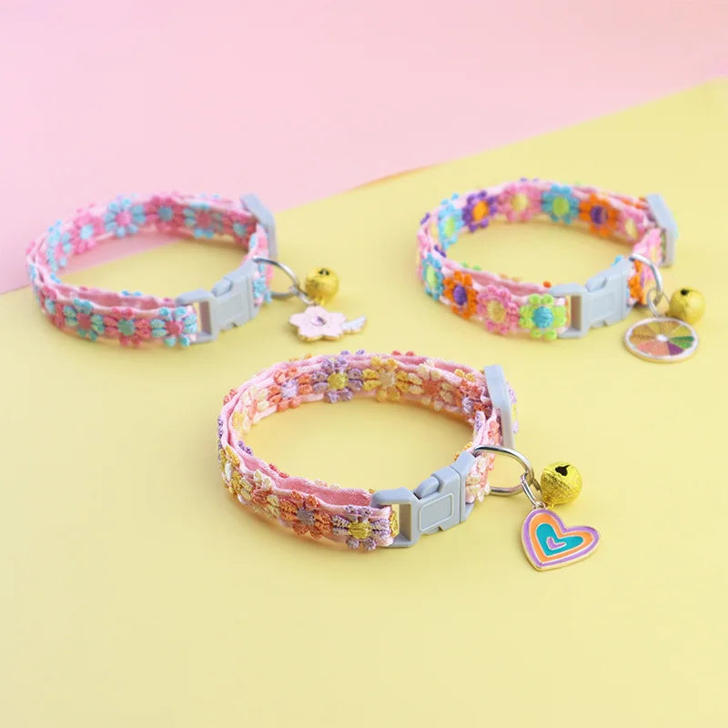 Colorful Dog & Cat Collar with Bell — Cartoon Paw Print, Adjustable, 14 Colours