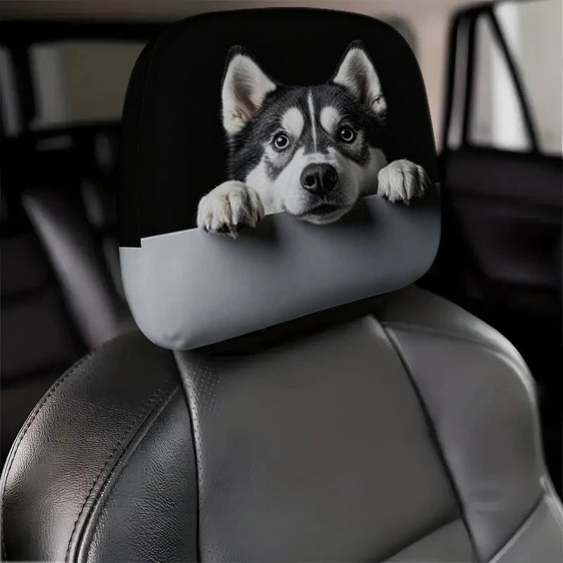 Husky Dog Car Headrest Covers – Set of 2 with Cute Husky Face Print