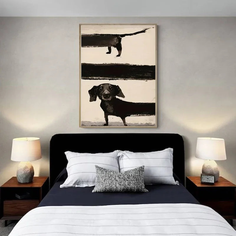 Retro Cute Dachshund Dog Poster – Sausage Dog Canvas Painting, Funny Animal Wall Art for Modern Living Room Home Decor