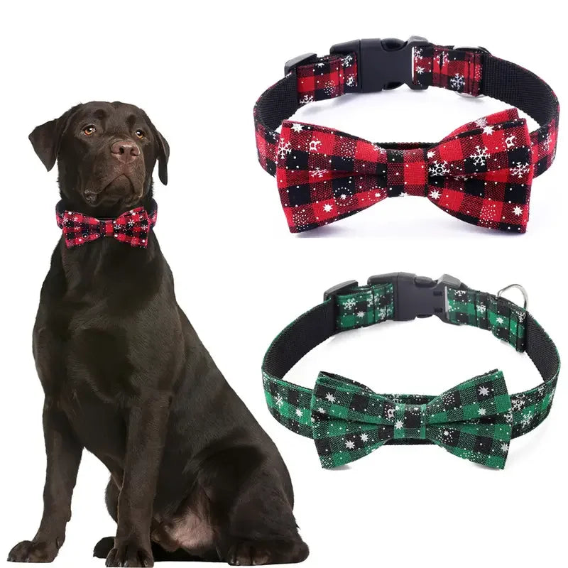 Christmas Dog Collar with Bow Tie | Plaid & Snowflake Holiday Collar for Dogs & Cats