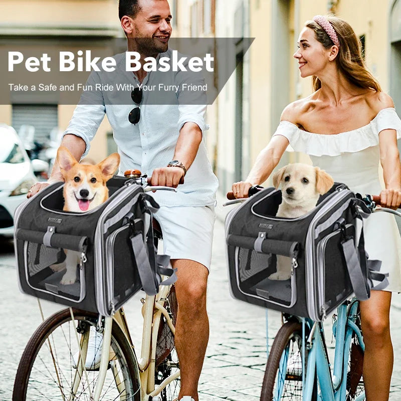 Dog Bike Basket – Expandable Foldable Pet Carrier with 4 Open Doors for Small & Medium Dogs