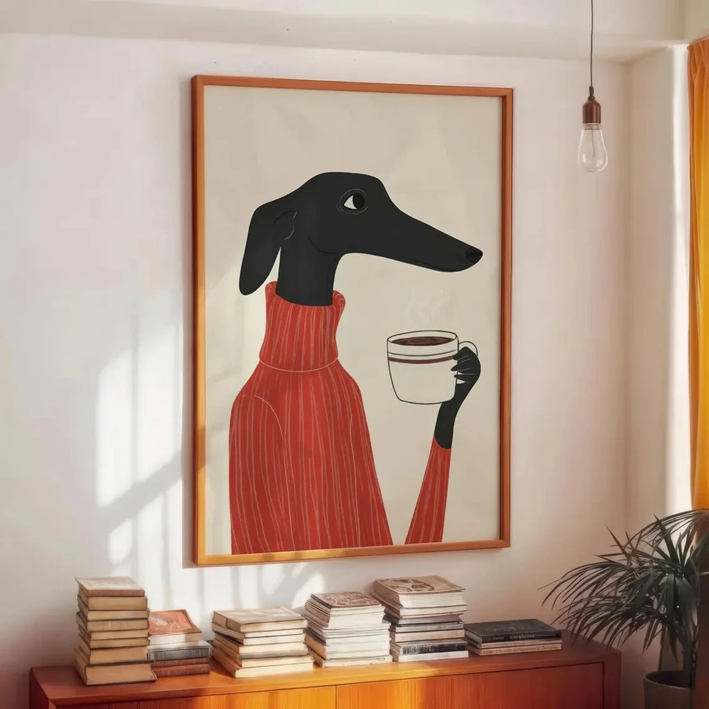 Greyhound Coffee Wall Art — Whimsical Dog in Sweater Canvas Print