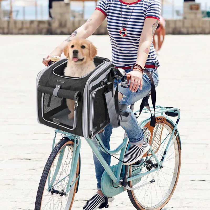 Dog Bike Basket – Expandable Foldable Pet Carrier with 4 Open Doors for Small & Medium Dogs