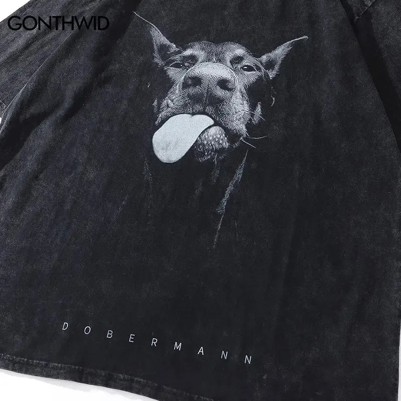 Doberman Streetwear Graphic T-Shirt – Vintage Washed Black Oversized Tee