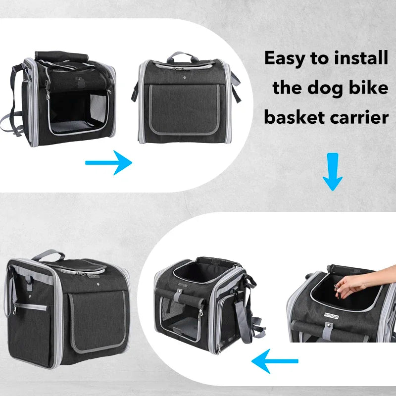 Dog Bike Basket – Expandable Foldable Pet Carrier with 4 Open Doors for Small & Medium Dogs