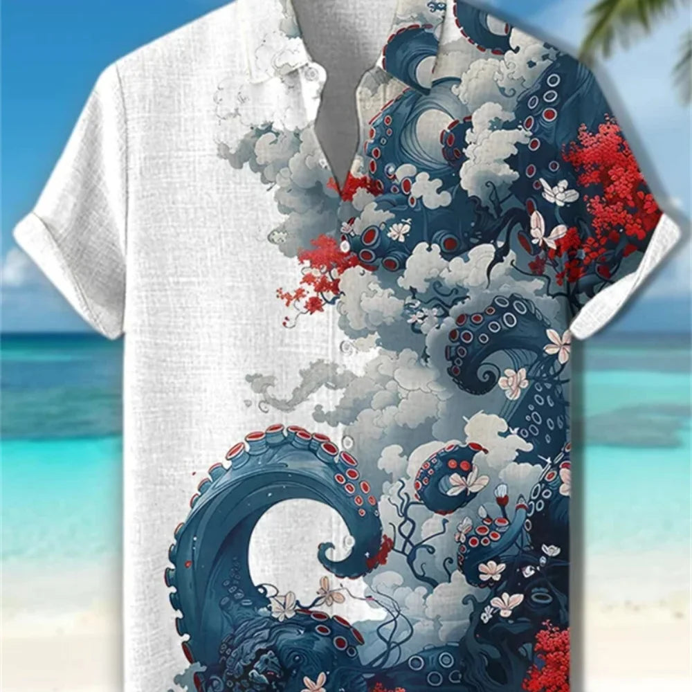 Men's Dog Print Short Sleeve Shirt — Casual Linen Blend (XS–5XL)