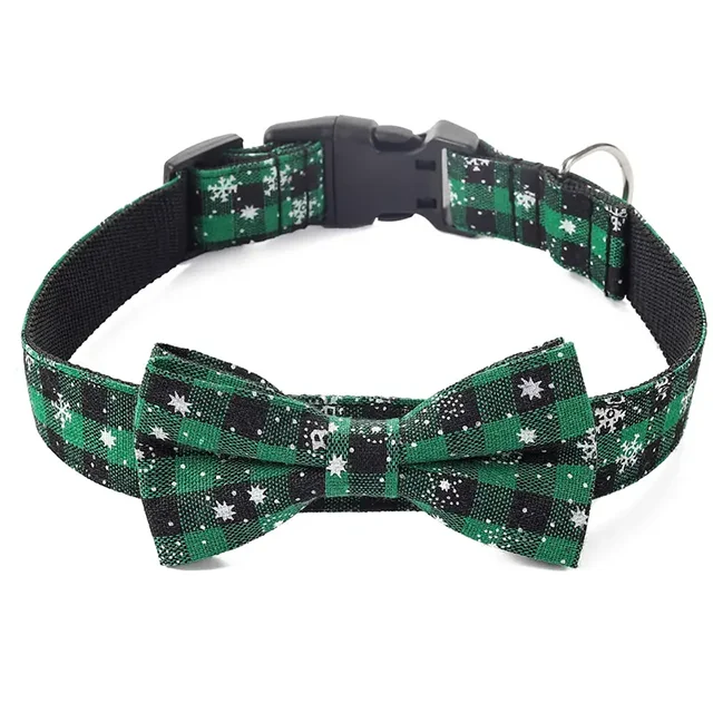 Christmas Dog Collar with Bow Tie | Plaid & Snowflake Holiday Collar for Dogs & Cats