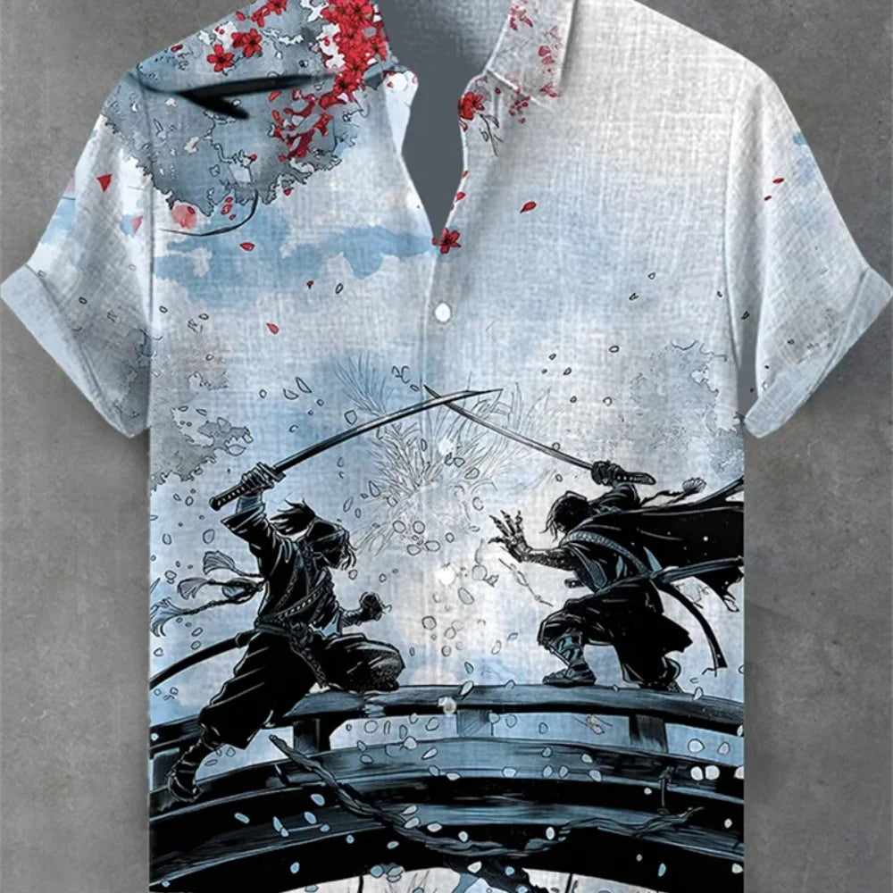Men's Dog Print Short Sleeve Shirt — Casual Linen Blend (XS–5XL)