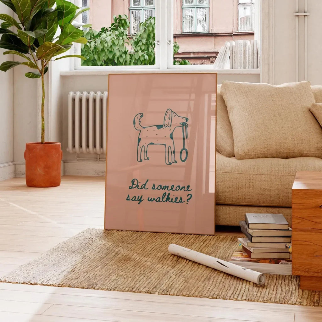 Walkies Funny Dog Wall Art Print – Hand Drawn Cute Doodle Poster, Minimalist Trendy Home Decor