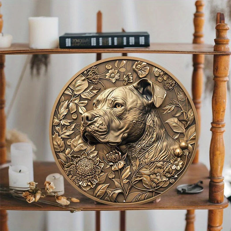 Pitbull Floral Bronze Wall Sign – Round Aluminum Dog Plaque