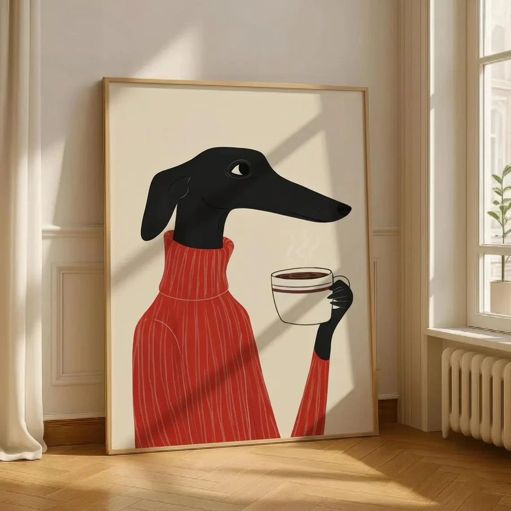 Greyhound Coffee Wall Art — Whimsical Dog in Sweater Canvas Print