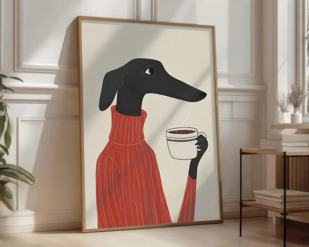 Greyhound Coffee Wall Art — Whimsical Dog in Sweater Canvas Print