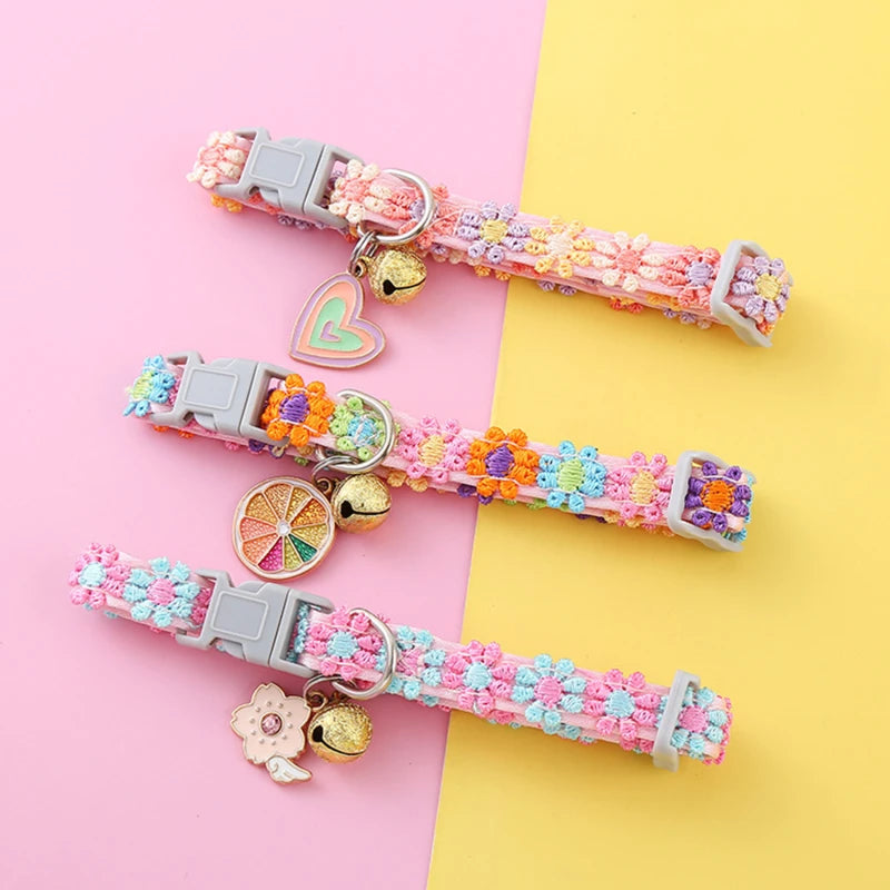 Colorful Dog & Cat Collar with Bell — Cartoon Paw Print, Adjustable, 14 Colours