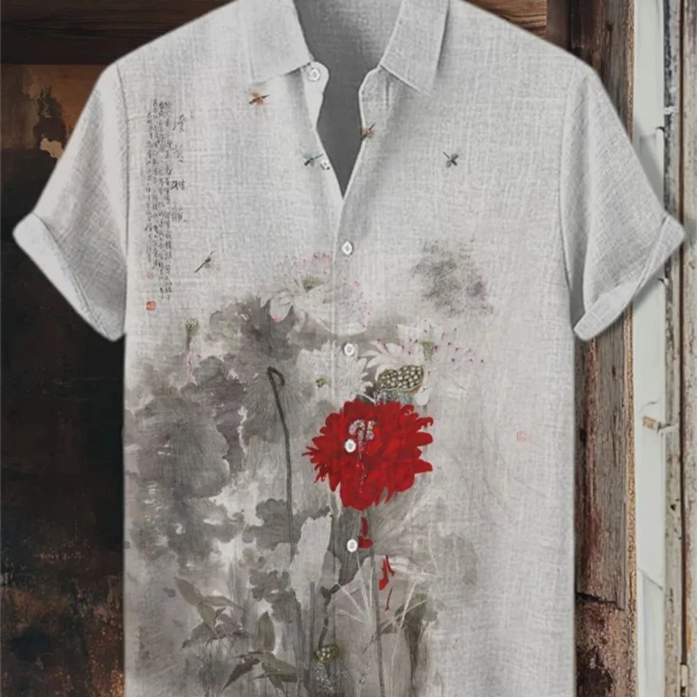 Men's Dog Print Short Sleeve Shirt — Casual Linen Blend (XS–5XL)