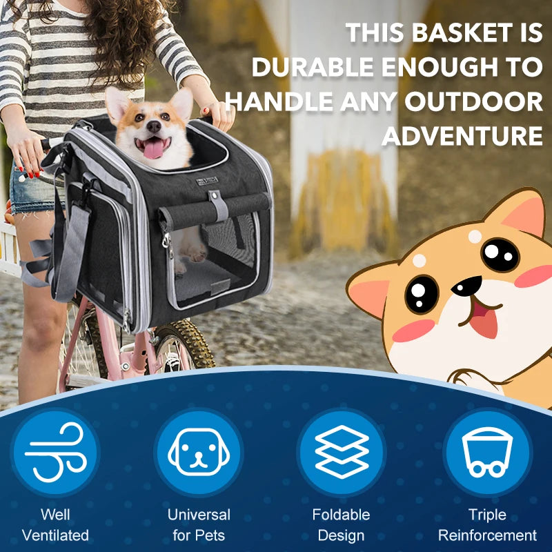 Dog Bike Basket – Expandable Foldable Pet Carrier with 4 Open Doors for Small & Medium Dogs