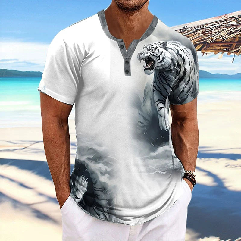 Men's 3D Wolf & Tiger Print Henley Shirt – Short Sleeve Streetwear Tee
