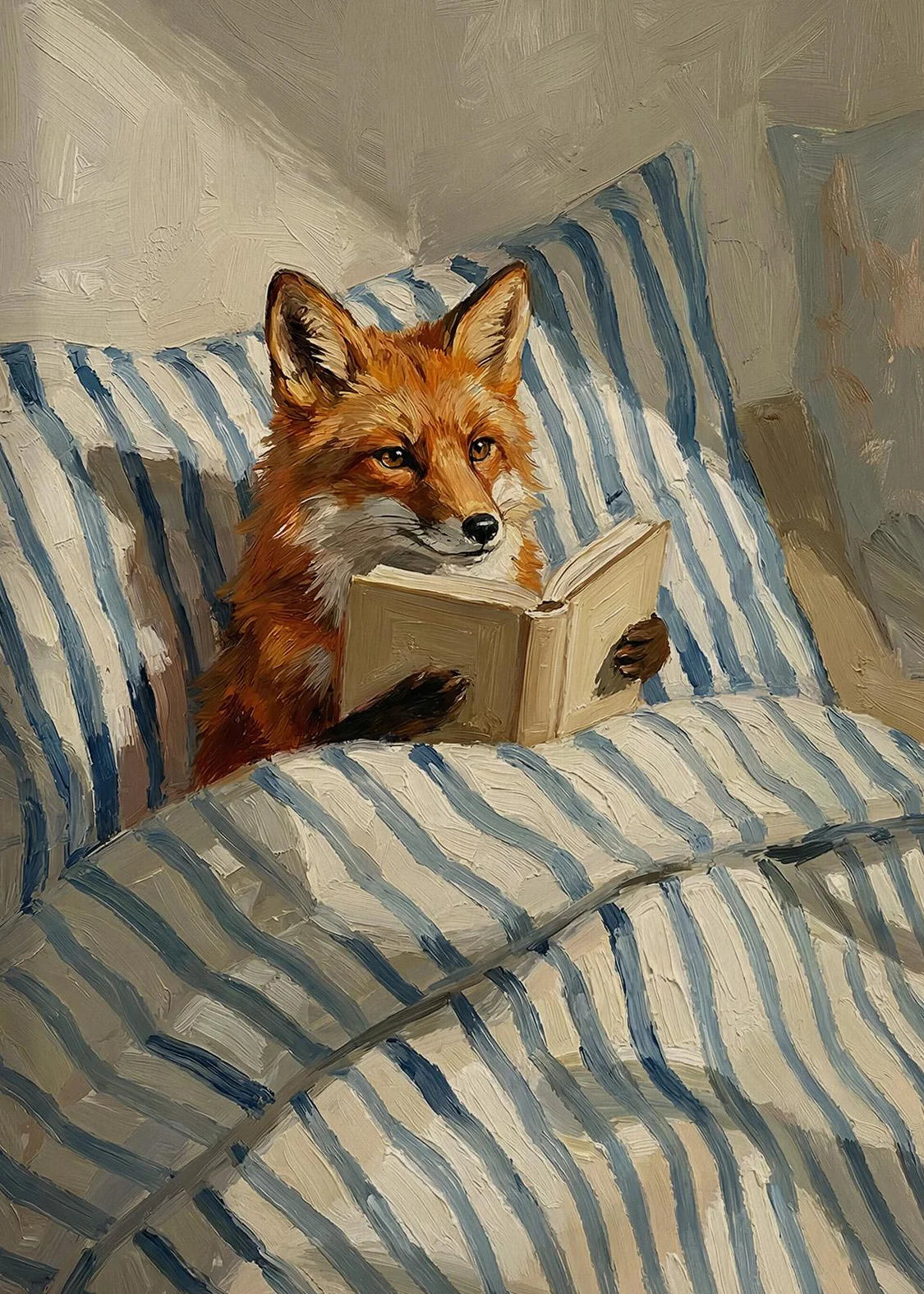 Funny Animals Reading & Relaxing Canvas Print – Dog, Cat, Fox & Raccoon Wall Art