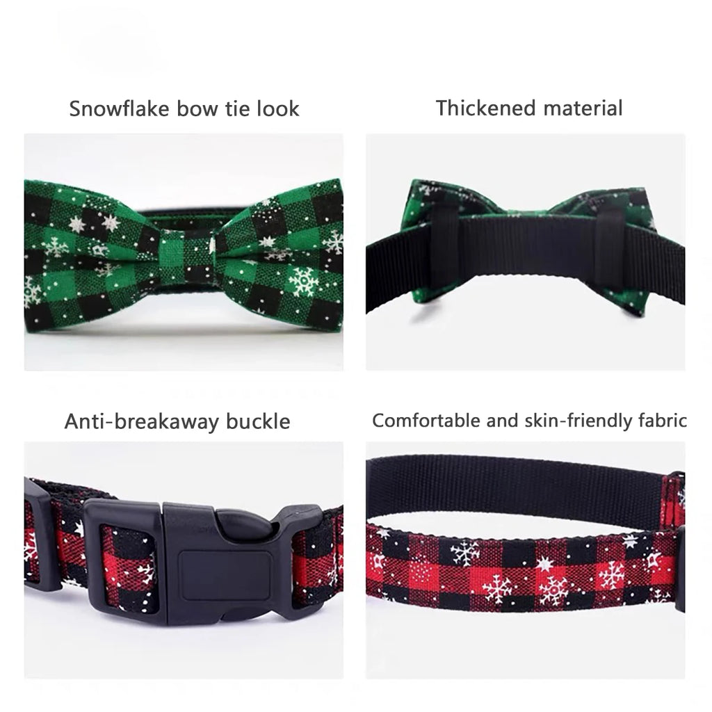 Christmas Dog Collar with Bow Tie | Plaid & Snowflake Holiday Collar for Dogs & Cats
