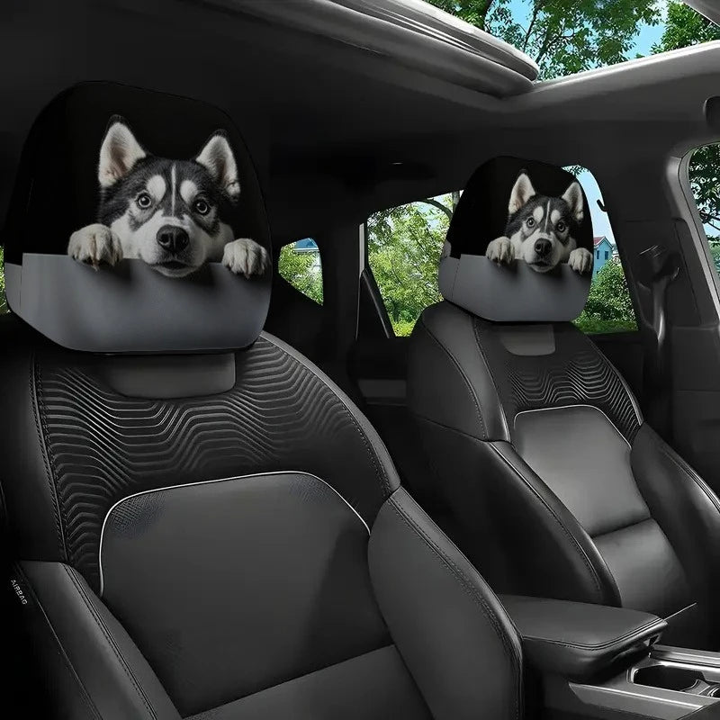 Husky Dog Car Headrest Covers – Set of 2 with Cute Husky Face Print