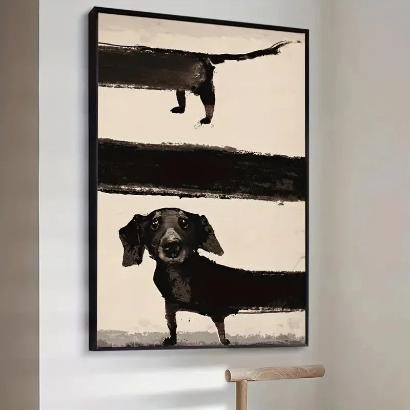 Retro Cute Dachshund Dog Poster – Sausage Dog Canvas Painting, Funny Animal Wall Art for Modern Living Room Home Decor