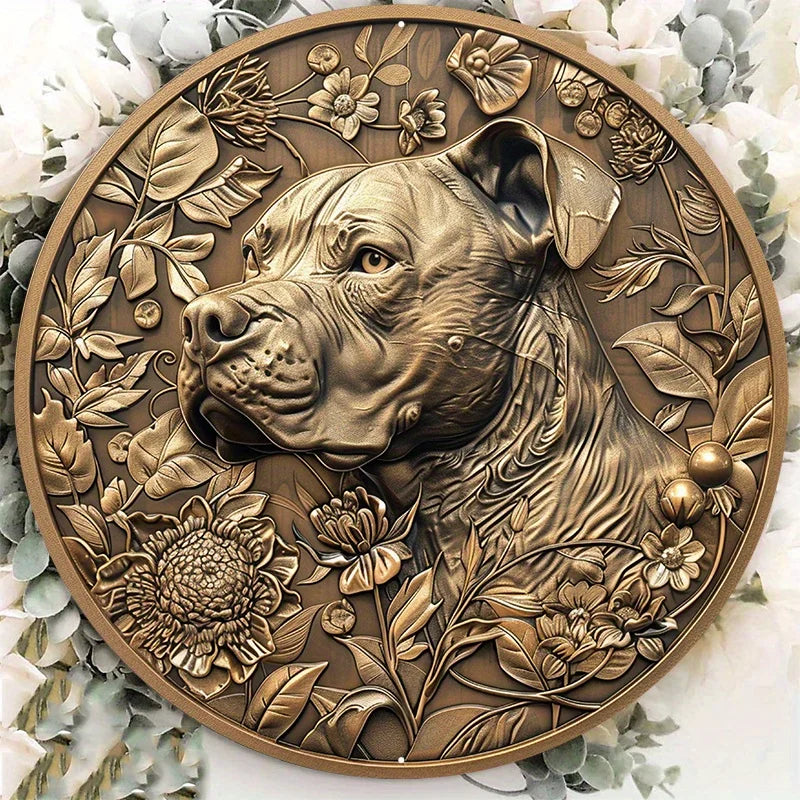 Pitbull Floral Bronze Wall Sign – Round Aluminum Dog Plaque