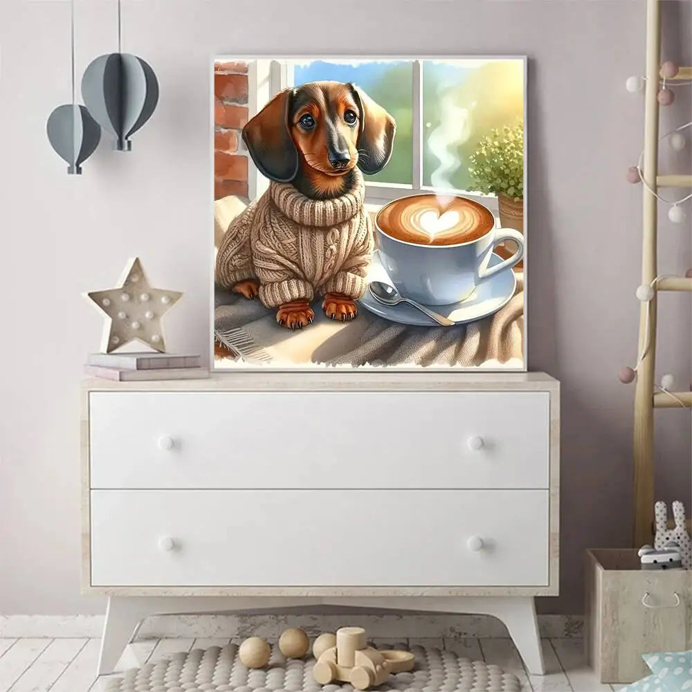 Dachshund & Latte Cross Stitch Kit – DIY Embroidery for Dog Lovers