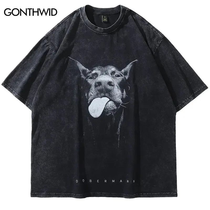 Doberman Streetwear Graphic T-Shirt – Vintage Washed Black Oversized Tee