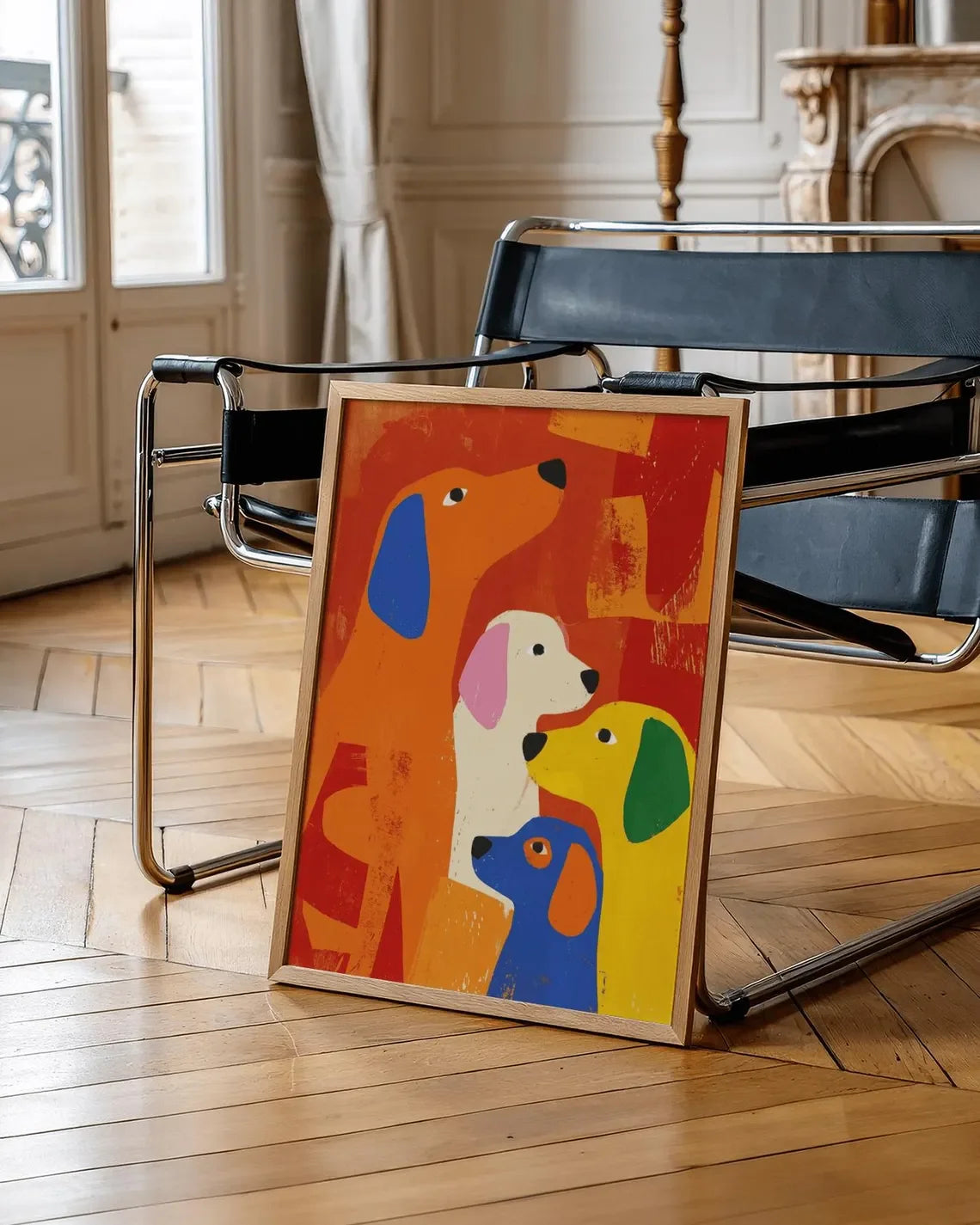 Vibrant Colorful Dog Quartet WALL ART PRINT DECOR – Playful Abstract Canine Painting, a Cheerful Statement Piece for Kids' Bedro
