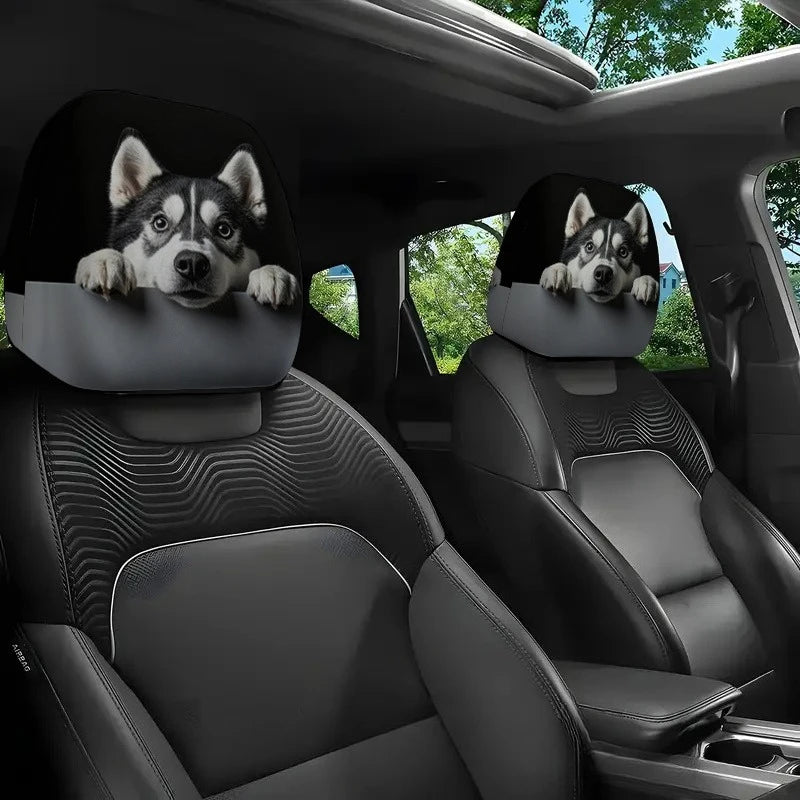 Husky Dog Car Headrest Covers – Set of 2 with Cute Husky Face Print