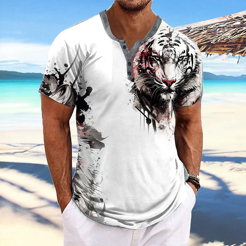 Men's 3D Wolf & Tiger Print Henley Shirt – Short Sleeve Streetwear Tee