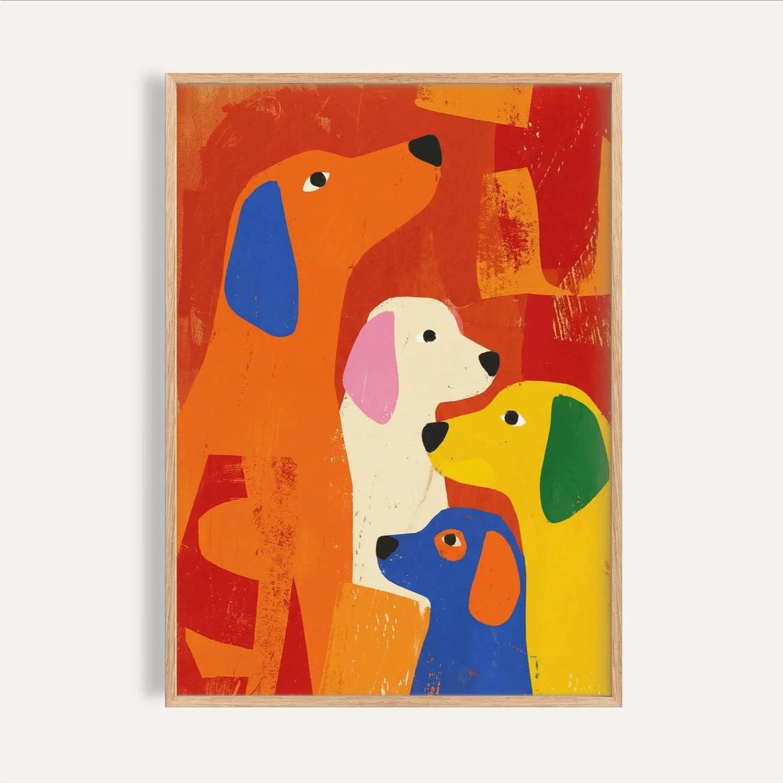 Vibrant Colorful Dog Quartet WALL ART PRINT DECOR – Playful Abstract Canine Painting, a Cheerful Statement Piece for Kids' Bedro