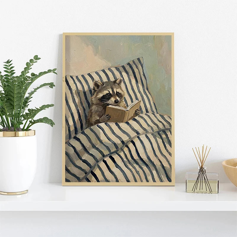 Funny Animals Reading & Relaxing Canvas Print – Dog, Cat, Fox & Raccoon Wall Art