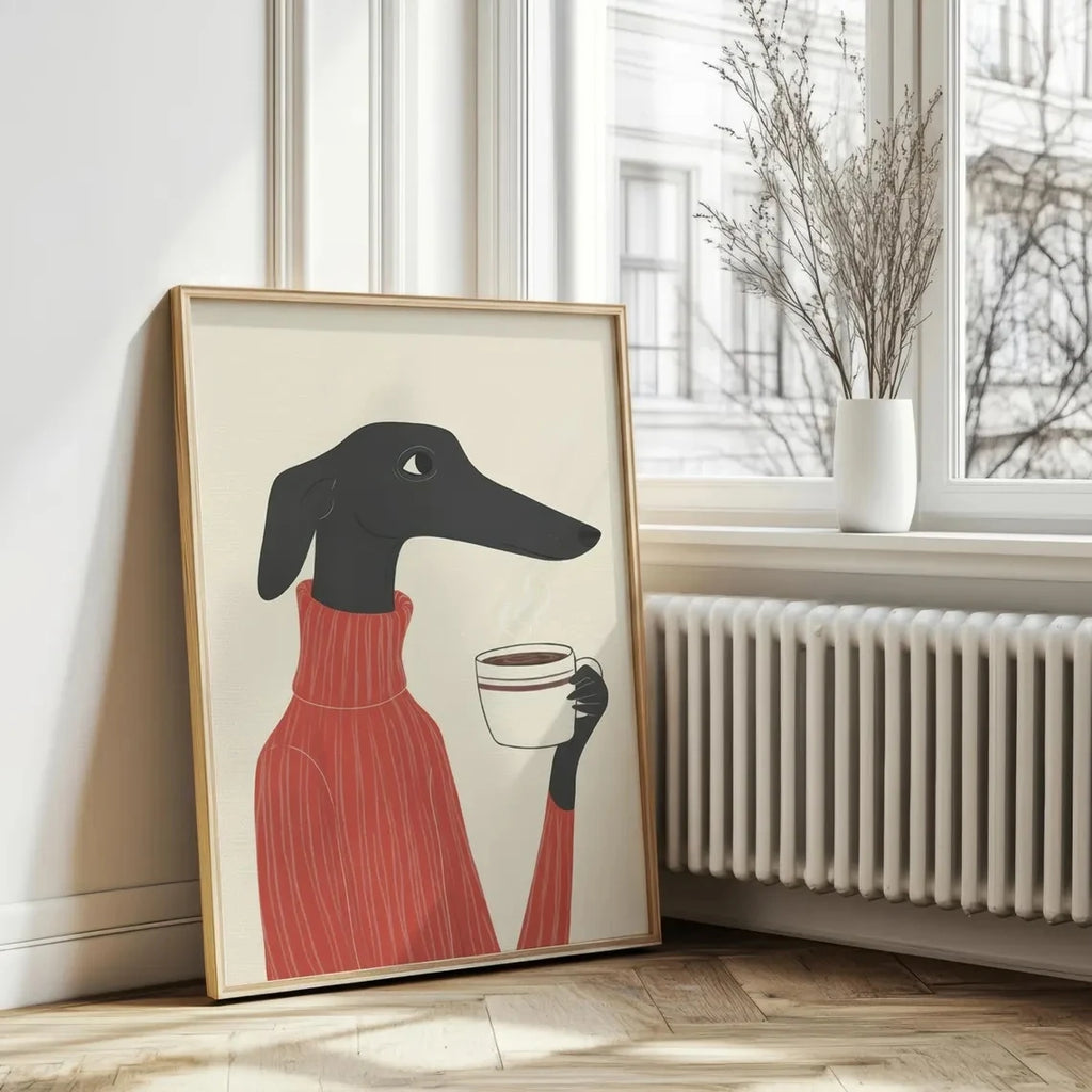 Greyhound Coffee Wall Art — Whimsical Dog in Sweater Canvas Print