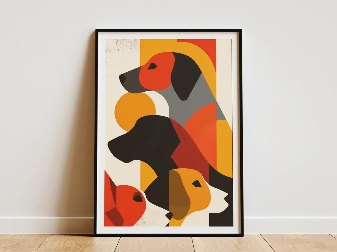 Vibrant Colorful Dog Quartet WALL ART PRINT DECOR – Playful Abstract Canine Painting, a Cheerful Statement Piece for Kids' Bedro