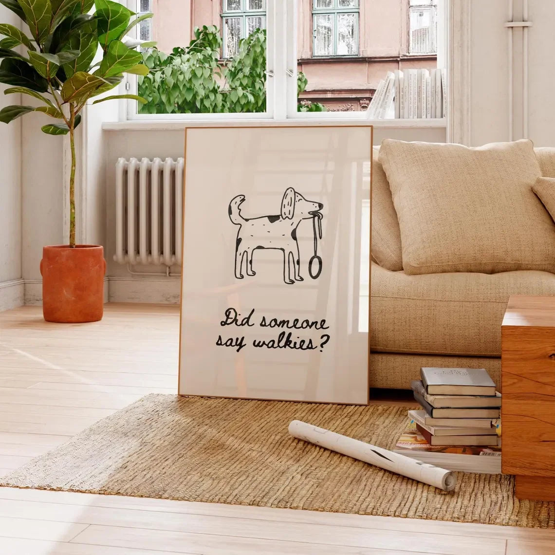 Walkies Funny Dog Wall Art Print – Hand Drawn Cute Doodle Poster, Minimalist Trendy Home Decor