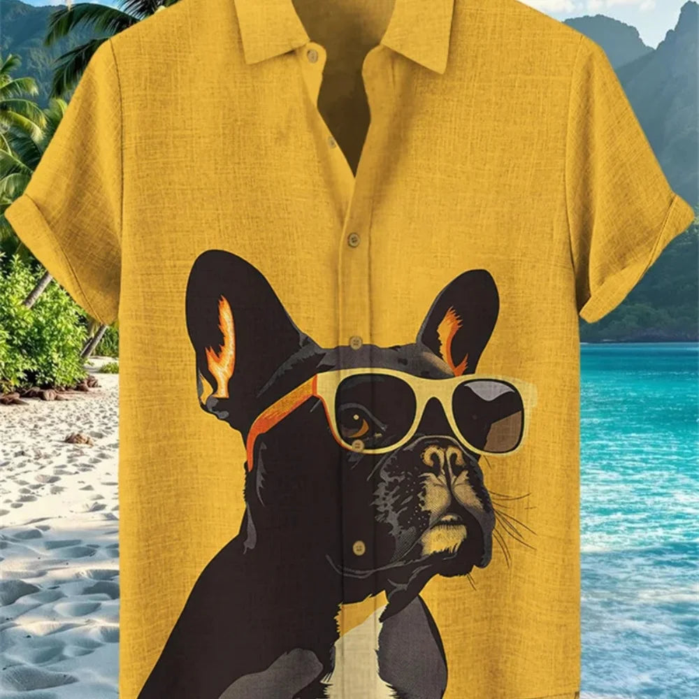 Men's Dog Print Short Sleeve Shirt — Casual Linen Blend (XS–5XL)