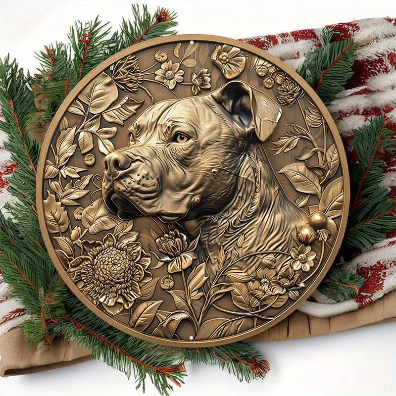 Pitbull Floral Bronze Wall Sign – Round Aluminum Dog Plaque