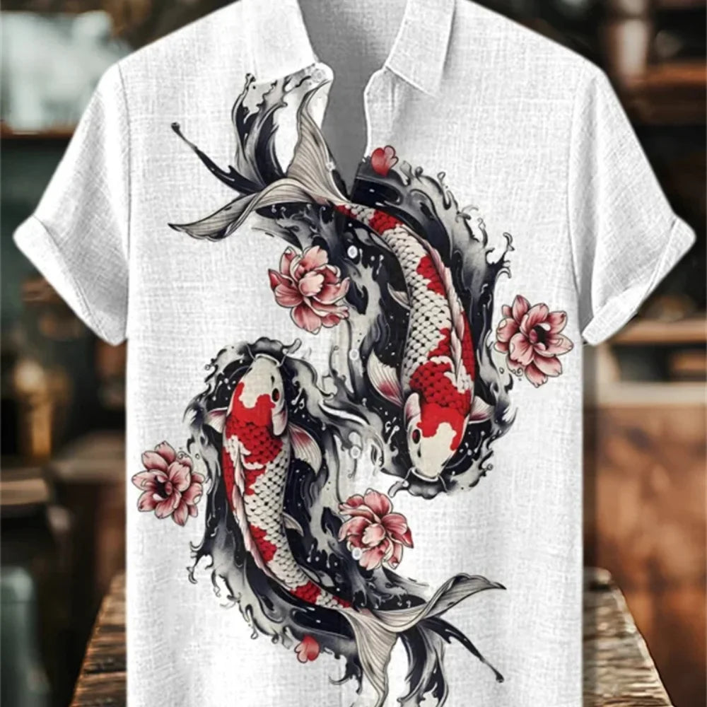 Men's Dog Print Short Sleeve Shirt — Casual Linen Blend (XS–5XL)