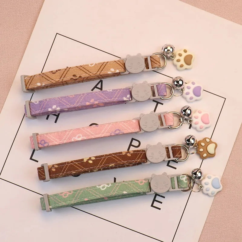 Colorful Dog & Cat Collar with Bell — Cartoon Paw Print, Adjustable, 14 Colours
