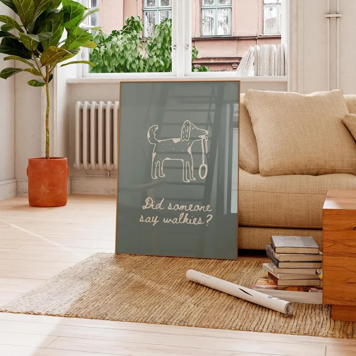 Walkies Funny Dog Wall Art Print – Hand Drawn Cute Doodle Poster, Minimalist Trendy Home Decor
