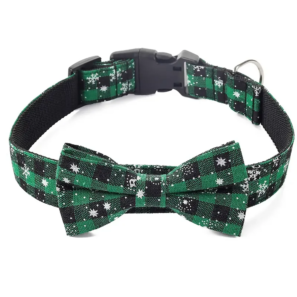 Christmas Dog Collar with Bow Tie | Plaid & Snowflake Holiday Collar for Dogs & Cats