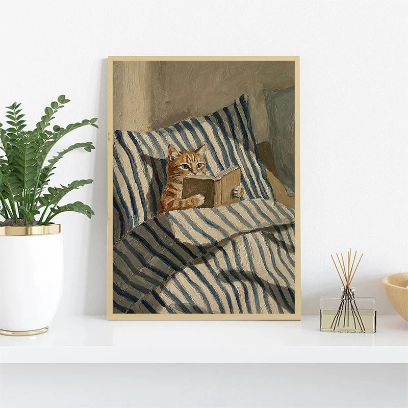 Funny Animals Reading & Relaxing Canvas Print – Dog, Cat, Fox & Raccoon Wall Art