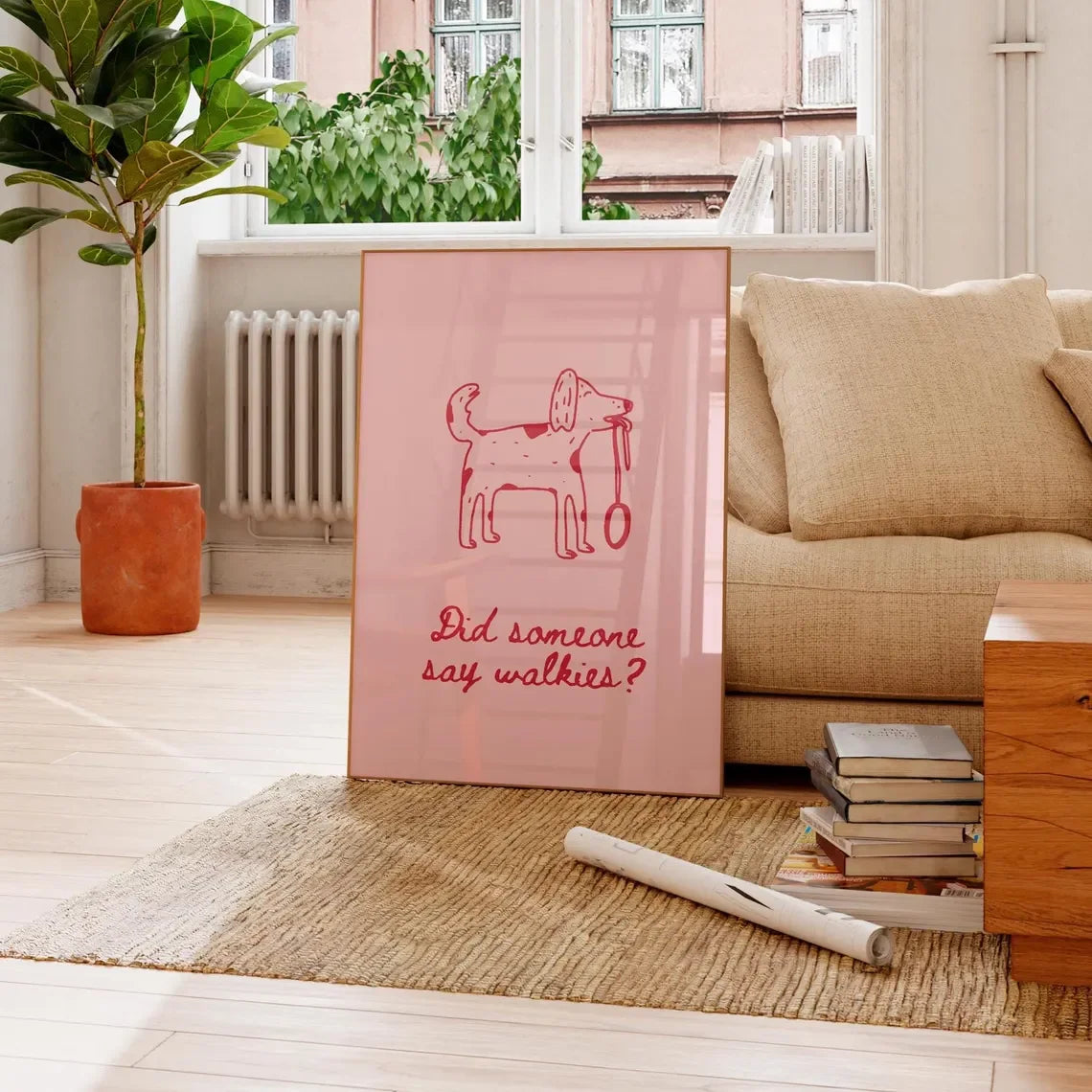 Walkies Funny Dog Wall Art Print – Hand Drawn Cute Doodle Poster, Minimalist Trendy Home Decor