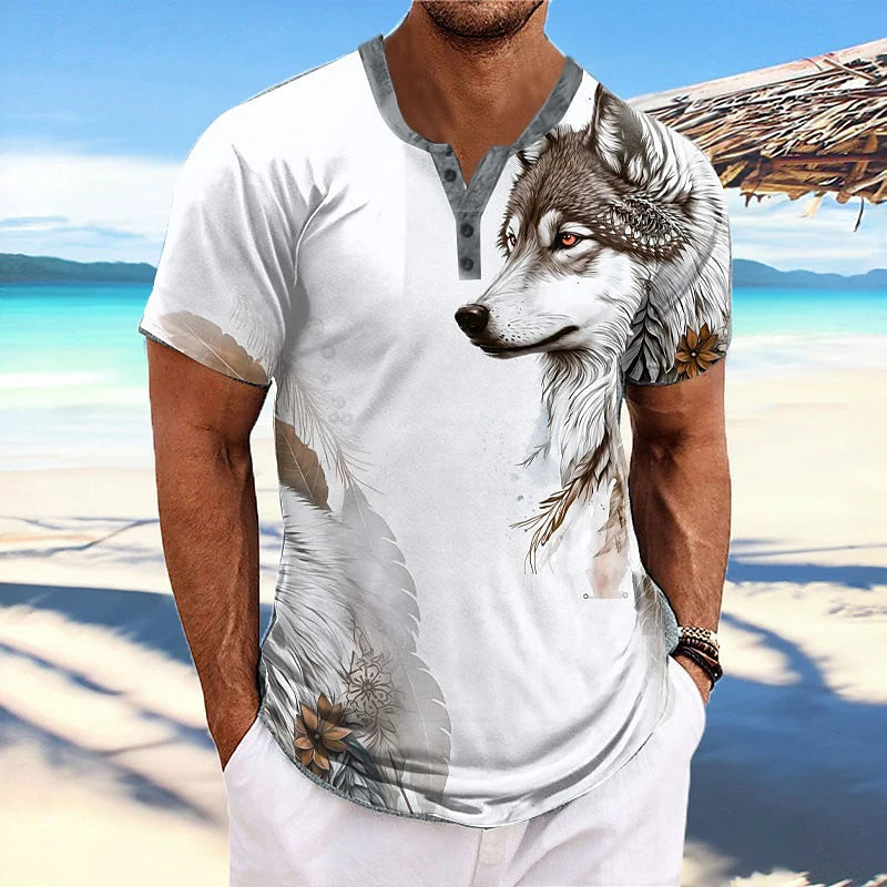 Men's 3D Wolf & Tiger Print Henley Shirt – Short Sleeve Streetwear Tee