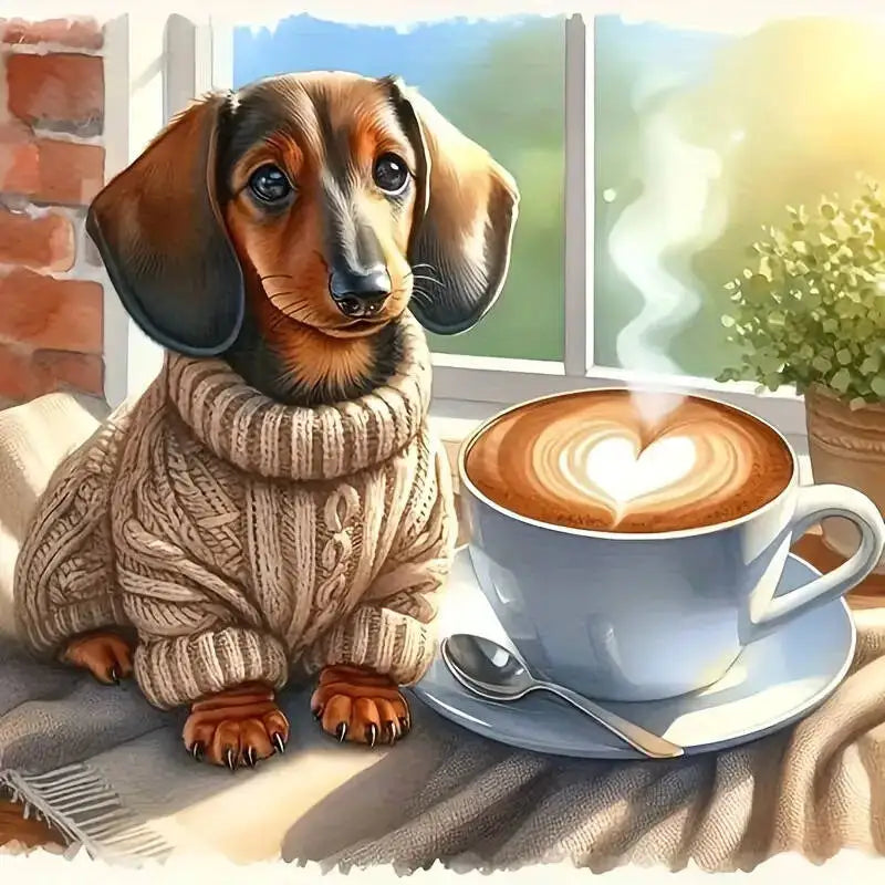 Dachshund & Latte Cross Stitch Kit – DIY Embroidery for Dog Lovers